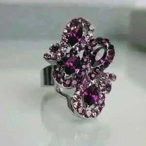 Purple rhinestones silver Tone ring cocktail ring size 9 adjustable